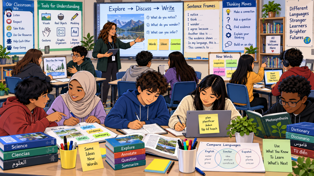 An AI generated image with several components of a strong classroom for language acquisition.